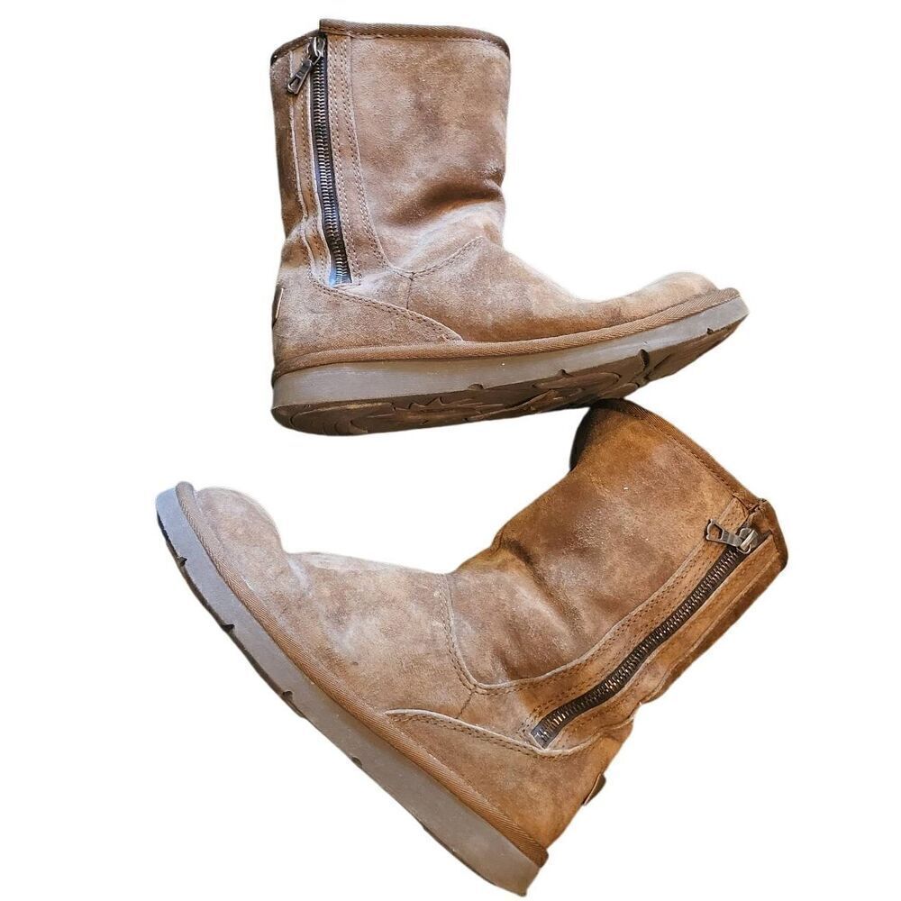 UGG Mayfaire Zip Boots Women's 6 Tan Suede Leather Sheepskin Lined